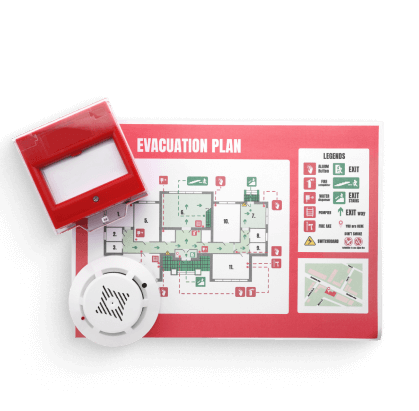 План эвакуации при пожаре, детектор дыма и кнопка пожарной тревоги