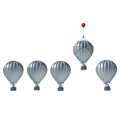 Воздушные шары, один выделяется красным воздушным шариком и выше других