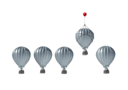 Воздушные шары, один выделяется красным воздушным шариком и выше других