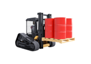 Погрузчик с красными бочками на поддоне