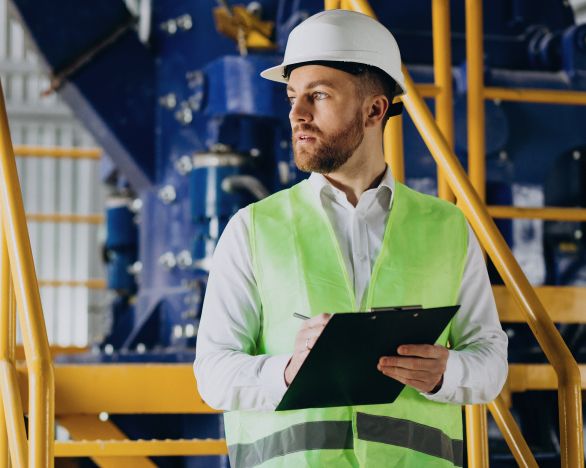 Специалист по охране труда с планшетом для бумаг