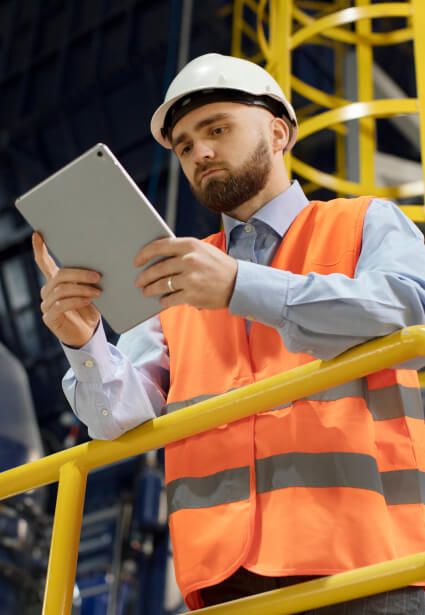 Мужчина в сигнальном жилете на фоне производства