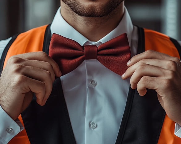 Мужчина в сигнальном жилете поправляет галстук-бабочку
