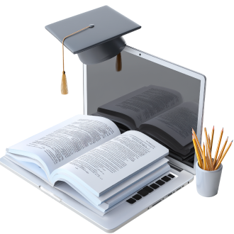 Ноутбук с книгой и шапкой магистра