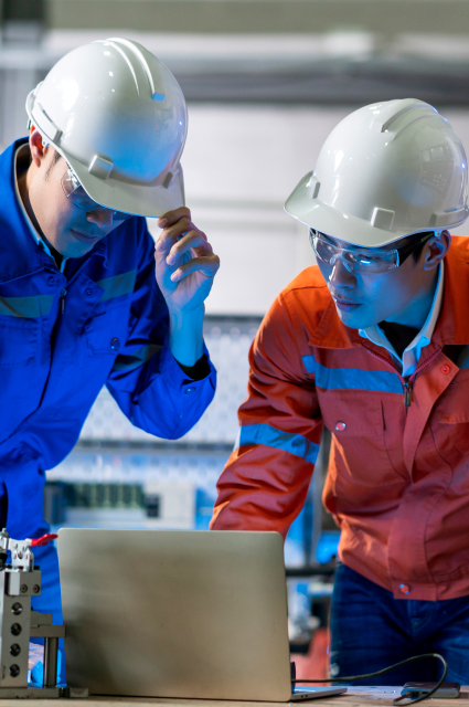 Два человека в форме и касках смотрят в ноутбук