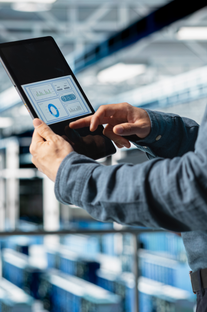 Мужчина держит планшет с графиками